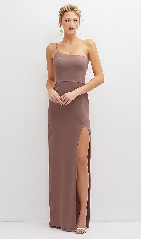 Front View - Sienna Sleek One-Shoulder Crepe Column Dress with Cut-Away Slit