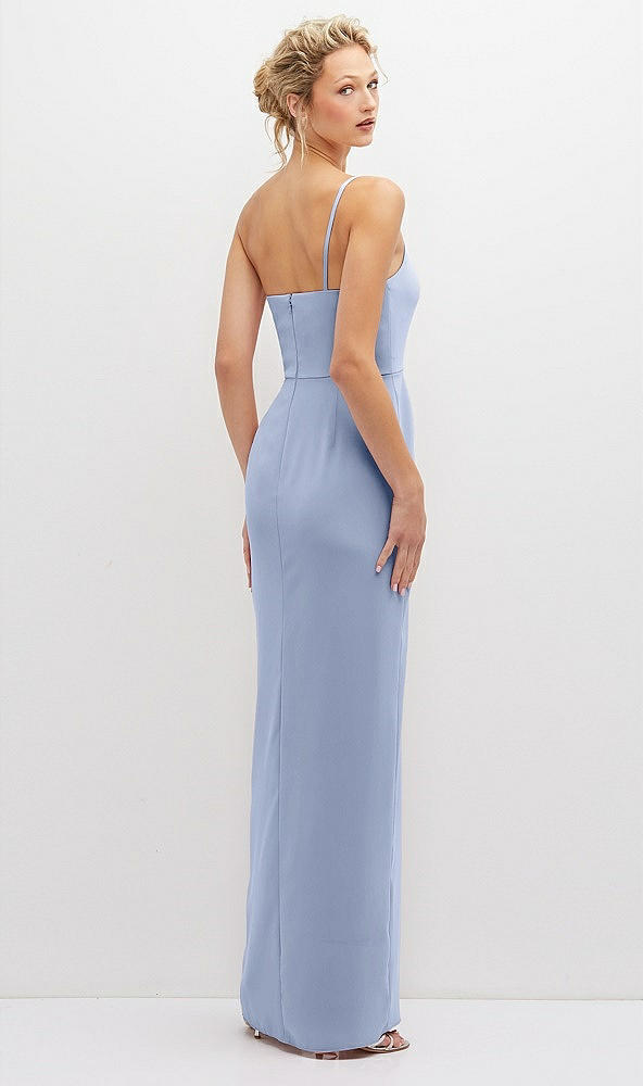 Back View - Sky Blue Sleek One-Shoulder Crepe Column Dress with Cut-Away Slit