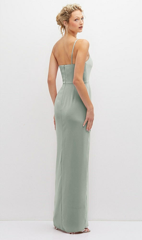 Back View - Willow Green Sleek One-Shoulder Crepe Column Dress with Cut-Away Slit