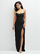 Front View Thumbnail - Black Sleek Strapless Crepe Column Dress with Cut-Away Slit