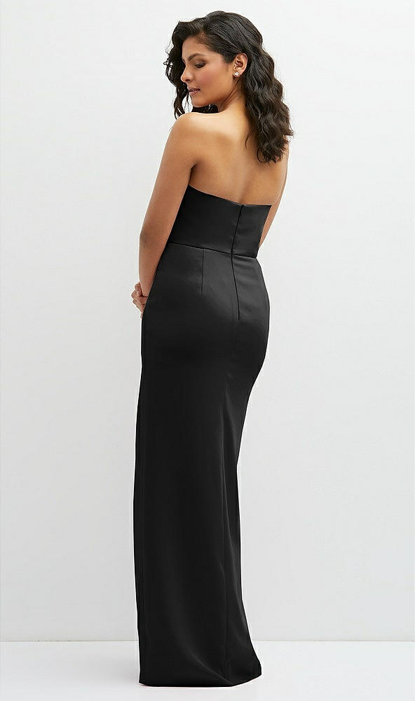 Back View - Black Sleek Strapless Crepe Column Dress with Cut-Away Slit