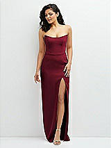 Front View Thumbnail - Burgundy Sleek Strapless Crepe Column Dress with Cut-Away Slit