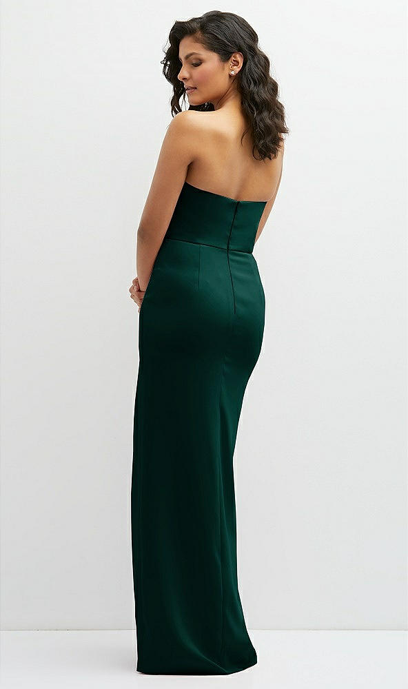 Back View - Evergreen Sleek Strapless Crepe Column Dress with Cut-Away Slit