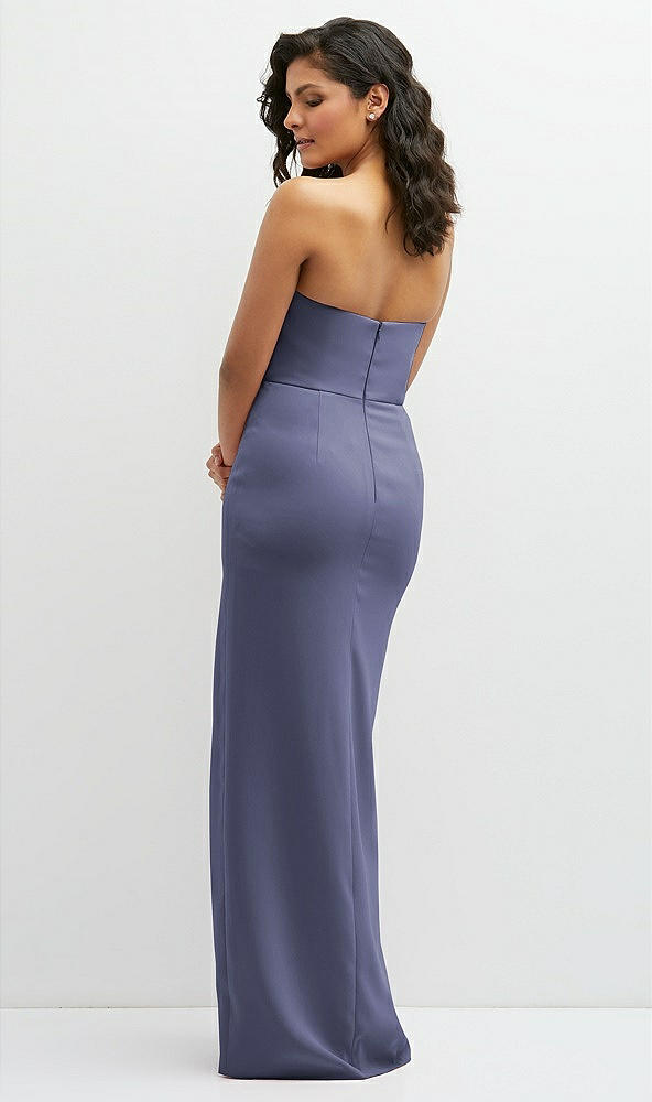 Back View - French Blue Sleek Strapless Crepe Column Dress with Cut-Away Slit