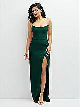 Front View Thumbnail - Hunter Green Sleek Strapless Crepe Column Dress with Cut-Away Slit