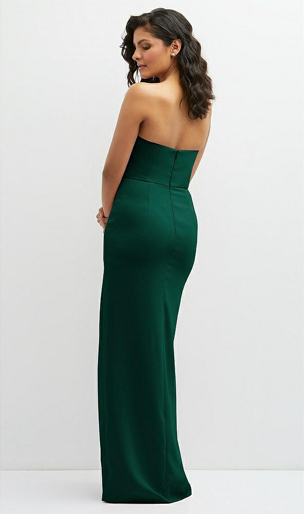 Back View - Hunter Green Sleek Strapless Crepe Column Dress with Cut-Away Slit
