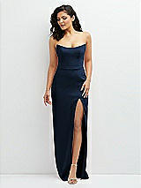 Front View Thumbnail - Midnight Navy Sleek Strapless Crepe Column Dress with Cut-Away Slit