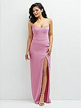 Front View Thumbnail - Powder Pink Sleek Strapless Crepe Column Dress with Cut-Away Slit