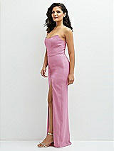 Side View Thumbnail - Powder Pink Sleek Strapless Crepe Column Dress with Cut-Away Slit