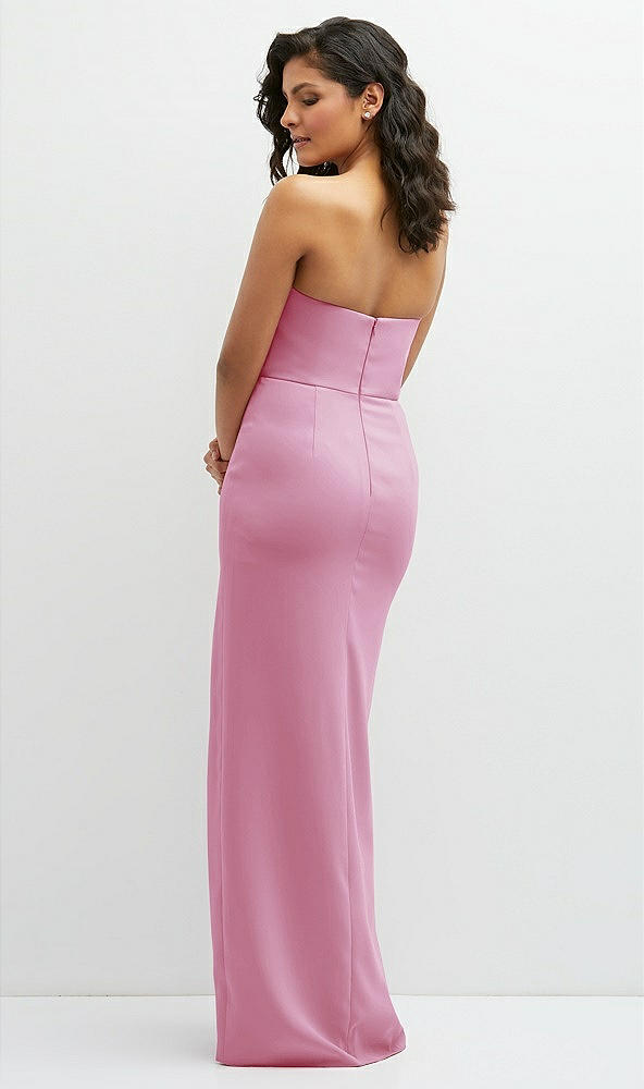 Back View - Powder Pink Sleek Strapless Crepe Column Dress with Cut-Away Slit