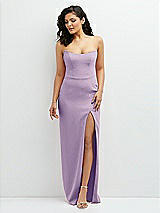 Front View Thumbnail - Pale Purple Sleek Strapless Crepe Column Dress with Cut-Away Slit