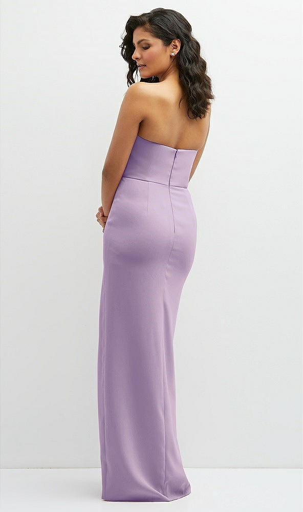 Back View - Pale Purple Sleek Strapless Crepe Column Dress with Cut-Away Slit