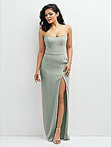 Front View Thumbnail - Willow Green Sleek Strapless Crepe Column Dress with Cut-Away Slit