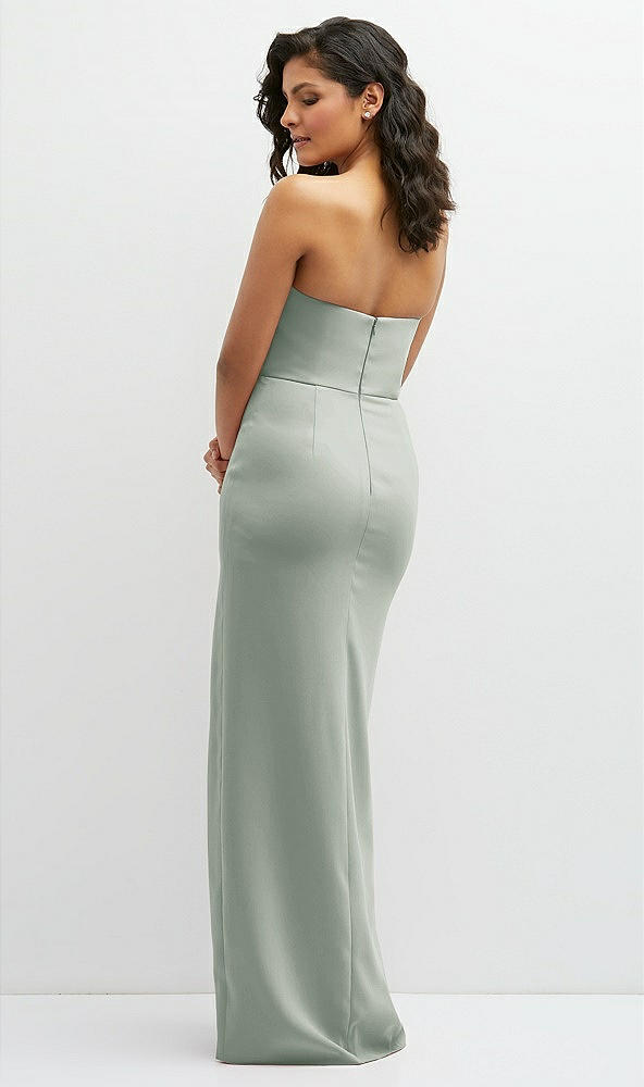 Back View - Willow Green Sleek Strapless Crepe Column Dress with Cut-Away Slit