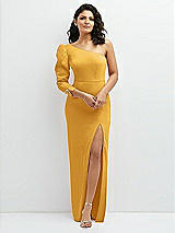 Front View Thumbnail - NYC Yellow 3/4 Puff Sleeve One-shoulder Maxi Dress with Rhinestone Bow Detail