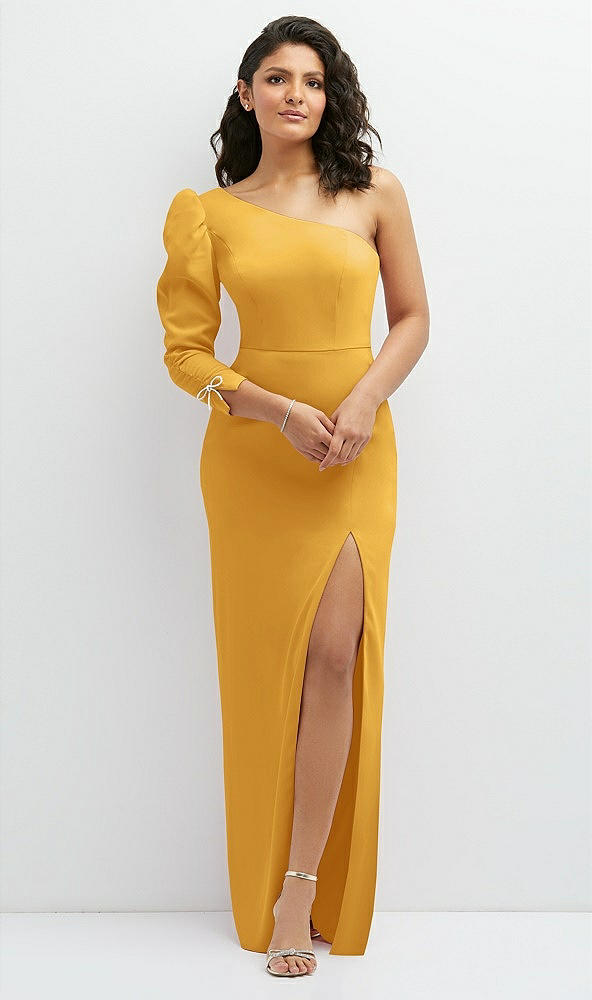 Front View - NYC Yellow 3/4 Puff Sleeve One-shoulder Maxi Dress with Rhinestone Bow Detail