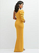 Rear View Thumbnail - NYC Yellow 3/4 Puff Sleeve One-shoulder Maxi Dress with Rhinestone Bow Detail