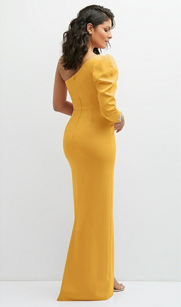 Back View - NYC Yellow 3/4 Puff Sleeve One-shoulder Maxi Dress with Rhinestone Bow Detail