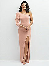 Front View Thumbnail - Pale Peach 3/4 Puff Sleeve One-shoulder Maxi Dress with Rhinestone Bow Detail