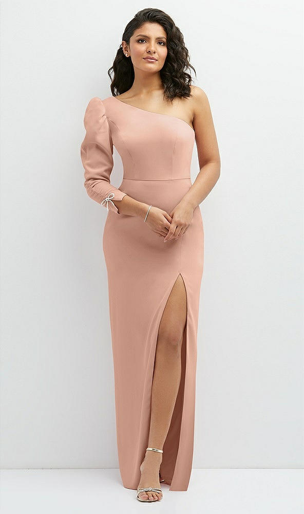 Front View - Pale Peach 3/4 Puff Sleeve One-shoulder Maxi Dress with Rhinestone Bow Detail