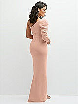 Rear View Thumbnail - Pale Peach 3/4 Puff Sleeve One-shoulder Maxi Dress with Rhinestone Bow Detail