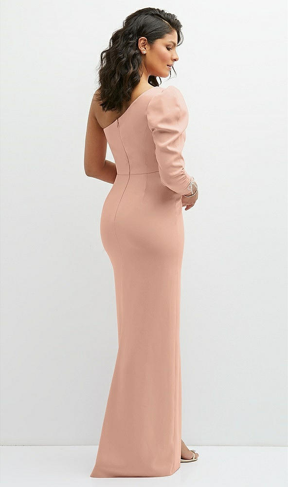 Back View - Pale Peach 3/4 Puff Sleeve One-shoulder Maxi Dress with Rhinestone Bow Detail