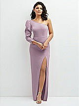 Front View Thumbnail - Suede Rose 3/4 Puff Sleeve One-shoulder Maxi Dress with Rhinestone Bow Detail