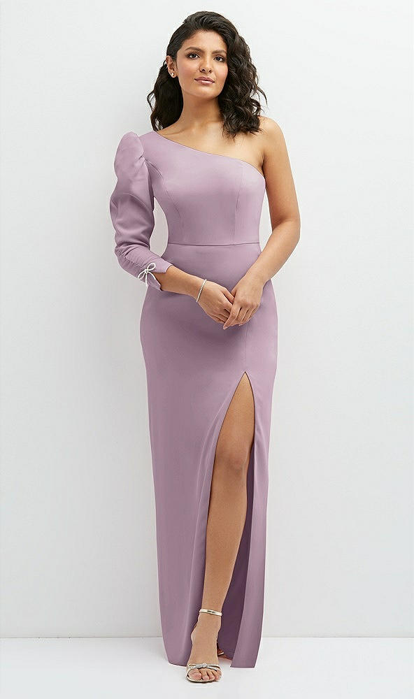 Front View - Suede Rose 3/4 Puff Sleeve One-shoulder Maxi Dress with Rhinestone Bow Detail