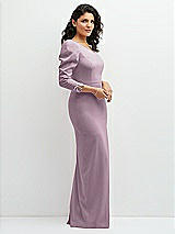 Side View Thumbnail - Suede Rose 3/4 Puff Sleeve One-shoulder Maxi Dress with Rhinestone Bow Detail