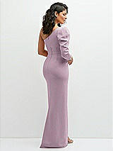 Rear View Thumbnail - Suede Rose 3/4 Puff Sleeve One-shoulder Maxi Dress with Rhinestone Bow Detail
