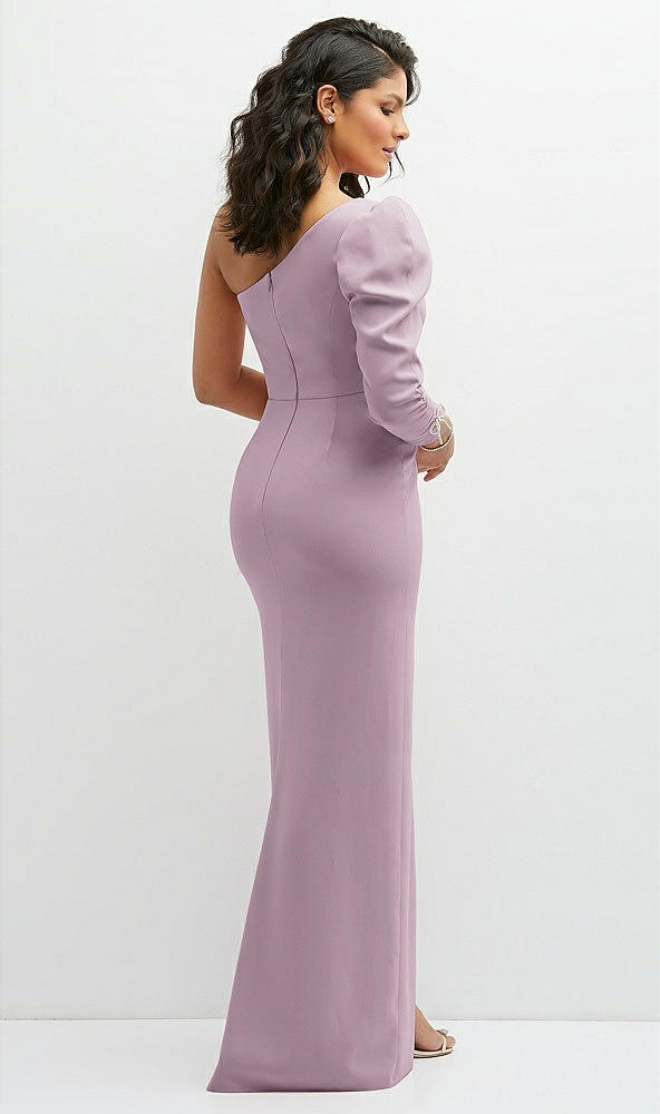 Back View - Suede Rose 3/4 Puff Sleeve One-shoulder Maxi Dress with Rhinestone Bow Detail