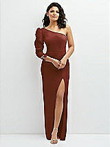 Front View Thumbnail - Auburn Moon 3/4 Puff Sleeve One-shoulder Maxi Dress with Rhinestone Bow Detail