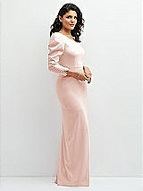 Side View Thumbnail - Blush 3/4 Puff Sleeve One-shoulder Maxi Dress with Rhinestone Bow Detail