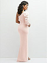 Rear View Thumbnail - Blush 3/4 Puff Sleeve One-shoulder Maxi Dress with Rhinestone Bow Detail