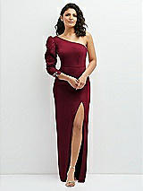Front View Thumbnail - Burgundy 3/4 Puff Sleeve One-shoulder Maxi Dress with Rhinestone Bow Detail