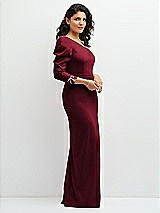 Side View Thumbnail - Burgundy 3/4 Puff Sleeve One-shoulder Maxi Dress with Rhinestone Bow Detail