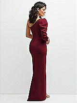 Rear View Thumbnail - Burgundy 3/4 Puff Sleeve One-shoulder Maxi Dress with Rhinestone Bow Detail