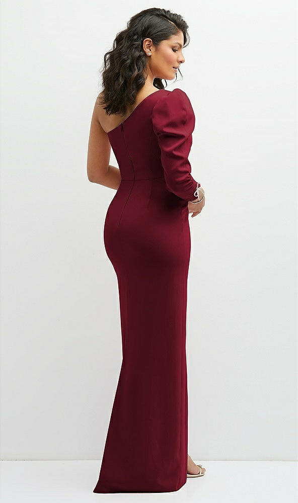 Back View - Burgundy 3/4 Puff Sleeve One-shoulder Maxi Dress with Rhinestone Bow Detail
