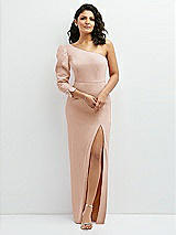 Front View Thumbnail - Cameo 3/4 Puff Sleeve One-shoulder Maxi Dress with Rhinestone Bow Detail