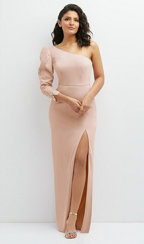 Front View - Cameo 3/4 Puff Sleeve One-shoulder Maxi Dress with Rhinestone Bow Detail