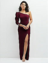 Front View Thumbnail - Cabernet 3/4 Puff Sleeve One-shoulder Maxi Dress with Rhinestone Bow Detail