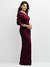 Side View Thumbnail - Cabernet 3/4 Puff Sleeve One-shoulder Maxi Dress with Rhinestone Bow Detail