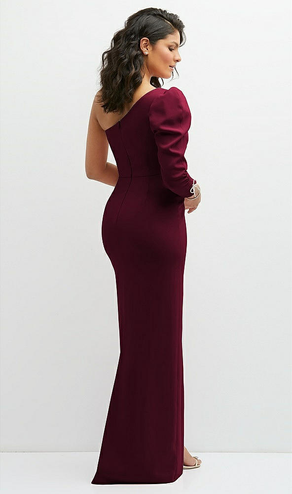 Back View - Cabernet 3/4 Puff Sleeve One-shoulder Maxi Dress with Rhinestone Bow Detail