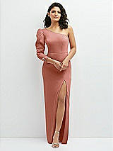 Front View Thumbnail - Desert Rose 3/4 Puff Sleeve One-shoulder Maxi Dress with Rhinestone Bow Detail