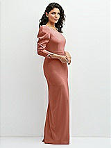 Side View Thumbnail - Desert Rose 3/4 Puff Sleeve One-shoulder Maxi Dress with Rhinestone Bow Detail