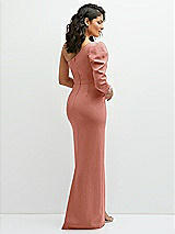 Rear View Thumbnail - Desert Rose 3/4 Puff Sleeve One-shoulder Maxi Dress with Rhinestone Bow Detail