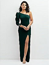 Front View Thumbnail - Evergreen 3/4 Puff Sleeve One-shoulder Maxi Dress with Rhinestone Bow Detail