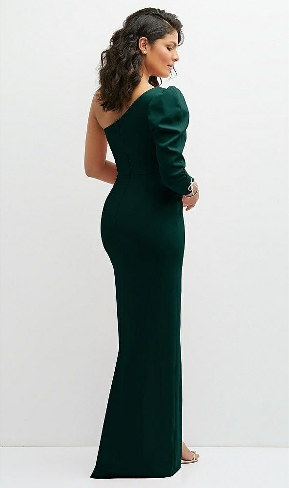 Back View - Evergreen 3/4 Puff Sleeve One-shoulder Maxi Dress with Rhinestone Bow Detail