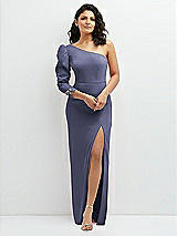 Front View Thumbnail - French Blue 3/4 Puff Sleeve One-shoulder Maxi Dress with Rhinestone Bow Detail