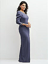 Side View Thumbnail - French Blue 3/4 Puff Sleeve One-shoulder Maxi Dress with Rhinestone Bow Detail